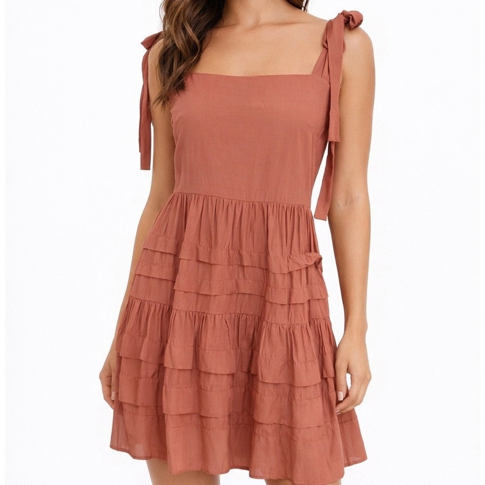 Ruffled Tiered Mini Dress Large Tie Peasant Boho Coastal Cowgirl Festival